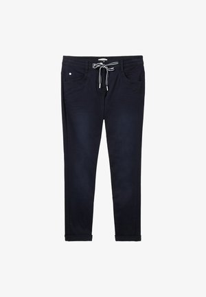 Navy blue pants made of woven fabric, featuring an elastic waistband with drawstring, two front pockets, and rolled cuffs.