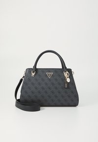 Black structured handbag made of textured material, featuring a gold logo plaque, detachable strap, and detailed hardware accents.