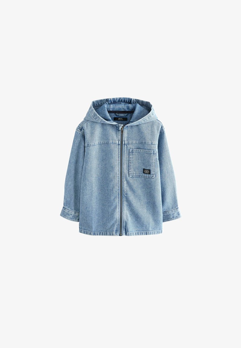 Jeansjacke in Hellblau, mit Reißverschluss vorne, Kapuze und Brusttasche. Lässiger Schnitt mit langen Ärmeln und glatter Textur.