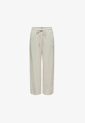 Hellbeige Leinenhose mit lockerem Schnitt, elastischem Bund, verstellbarem Kordelzug und geraden Beinen. Strukturierter Stoff mit minimalen Mustern.