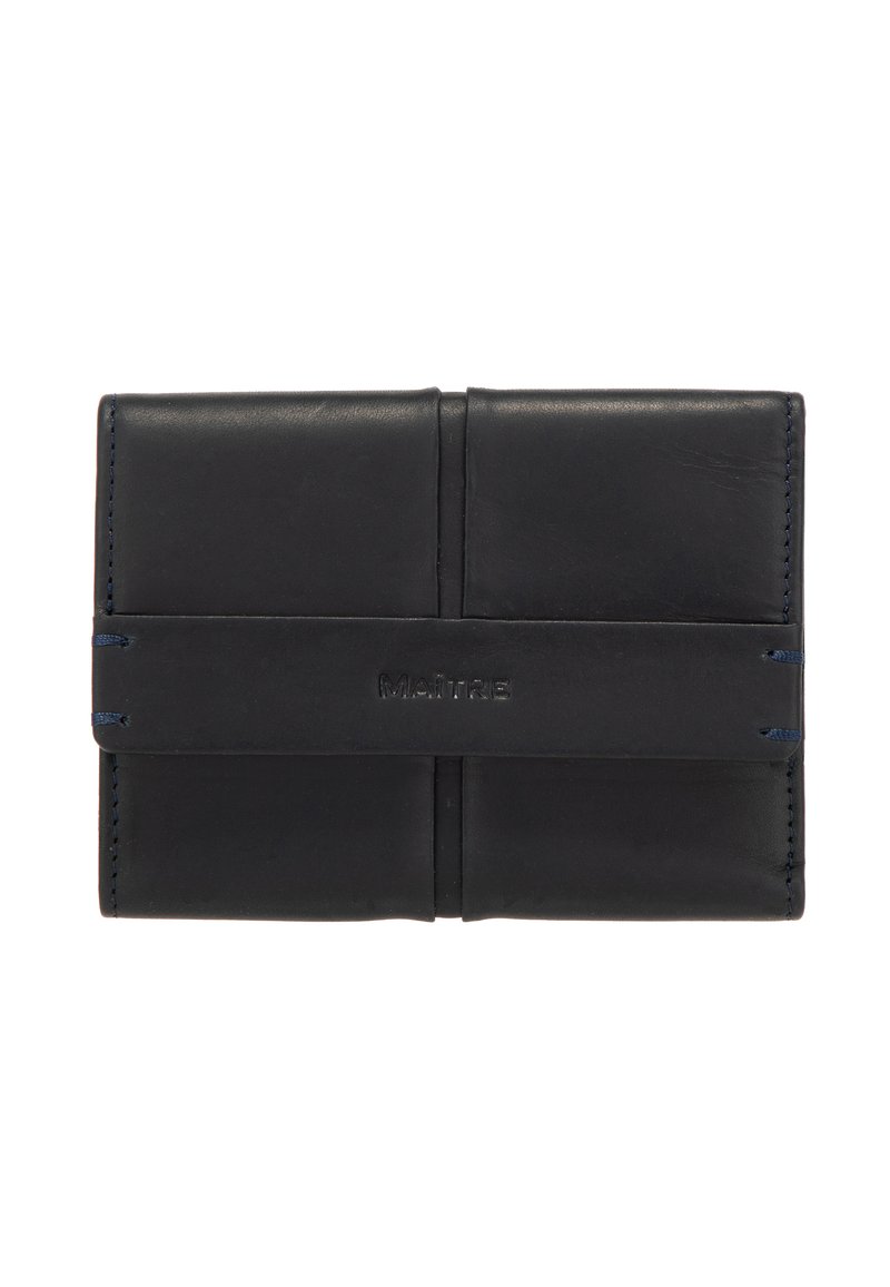 Il portafoglio in pelle nera presenta un design elegante con una fascia orizzontale, caratterizzato da cuciture sottili e un nome del brand impresso.
