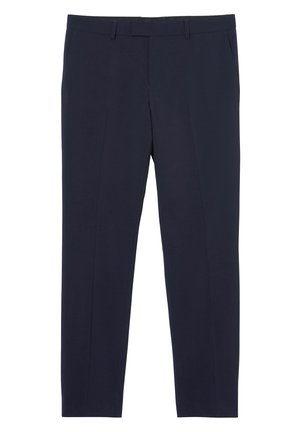 Navy blue mukautetut housut, jotka on valmistettu sileästä kankaasta. Housuissa on sivutaskut, litteä etuosa ja suora lahje.