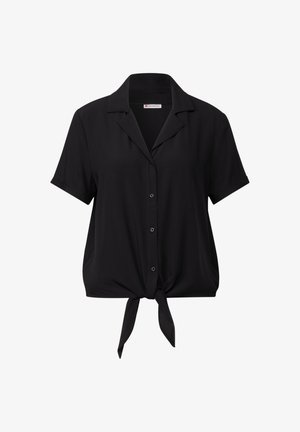 Czarna krótka koszula z krótkim rękawem, lekkiego materiału, z guzikami z przodu, z wyciętym kołnierzem, związana w talii węzłem, luźny krój.