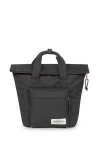 Black Eastpak tote bag made of durable fabric, featuring a top flap, two short handles, and a front zip pocket with logo patch.