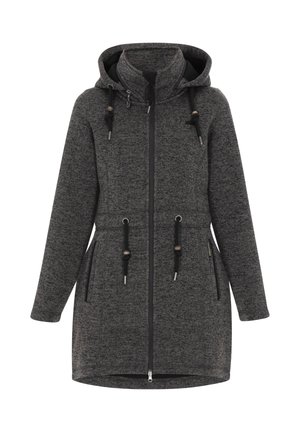 Dunkelgraue Jacke mit Kapuze, aus strukturiertem Stoff. Verfügt über einen Frontreißverschluss, verstellbare Schnüre und zwei Seitentaschen.