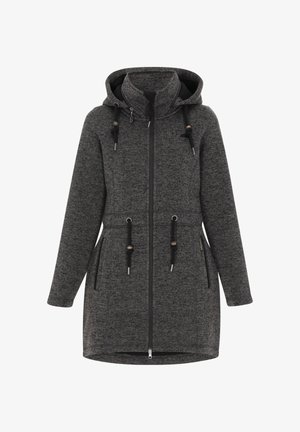 Sötétszürke kapucnis dzseki, texturált anyagból készült. Elülső cipzárral, állítható zsinórokkal és két oldalsó zsebbel rendelkezik.