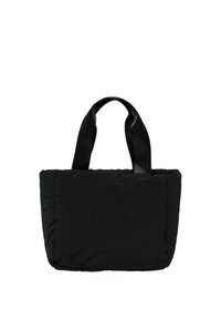 Sac cabas matelassé noir avec poignées en nylon noir contrastant, forme rectangulaire, texture matelassée et sans quincaillerie ou décorations visibles.
