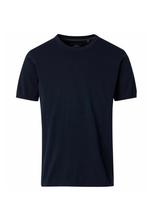 Einfarbiges dunkelblaues Kurzarm-T-Shirt mit Rundhalsausschnitt, dargestellt auf weißem Hintergrund.