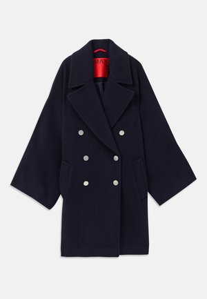 Marineblauer Doppelreißverschlussmantel aus Wolle, mit weitem Revers, zwei Vorderaschen und silberfarbenen Knöpfen, mit rotem Markenfutter.