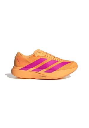 Orange running shoe with pink three-stripe design. Features a textured upper, smooth sole, and reinforced toe cap. Lightweight construction.