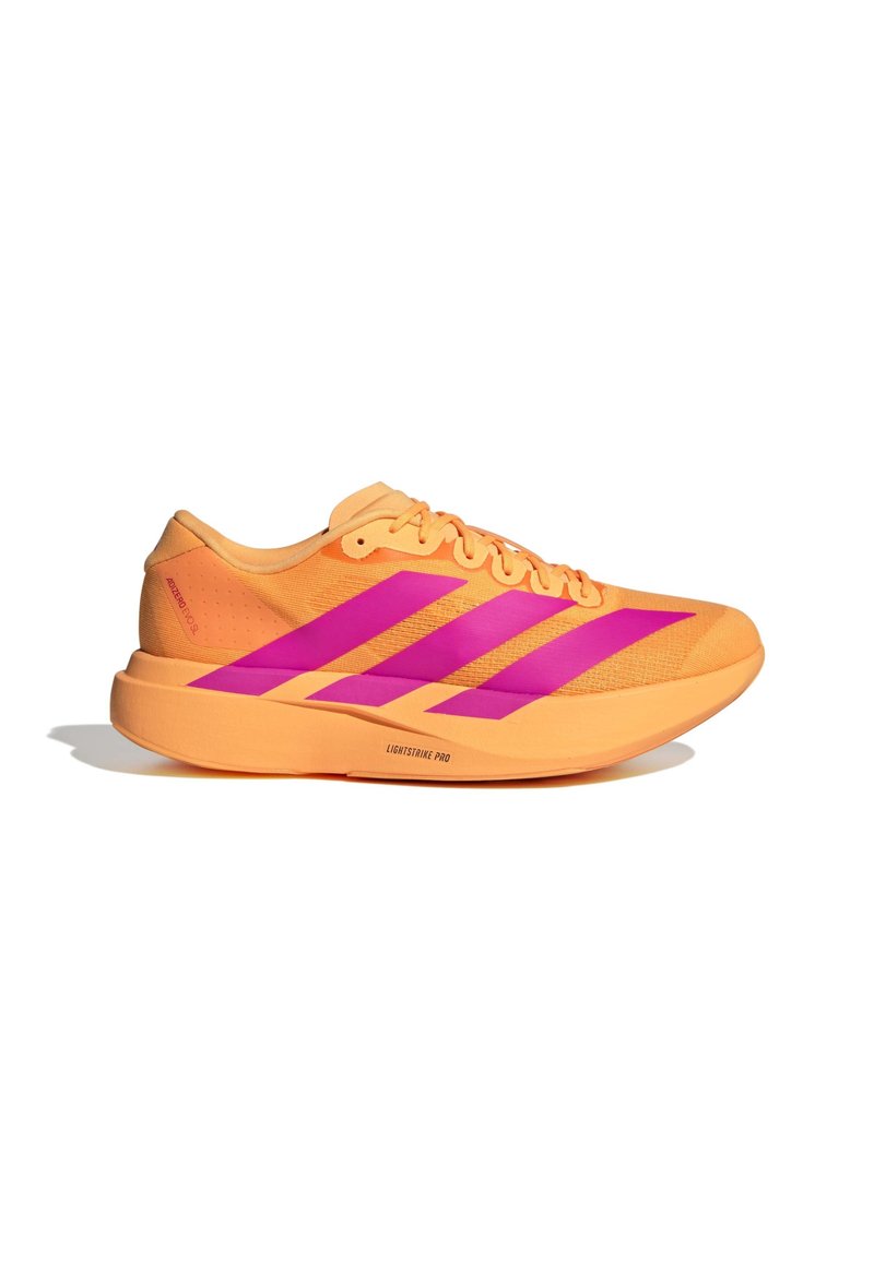 Orange running shoe with pink three-stripe design. Features a textured upper, smooth sole, and reinforced toe cap. Lightweight construction.
