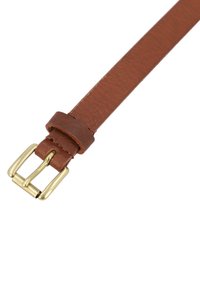 Brown leather belt with a textured finish, featuring a gold-tone metal buckle and a loop for adjustment.