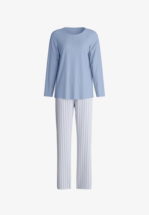 Light blue long-sleeve top with three buttons paired with white and light blue vertical striped pants, displayed on a white background.