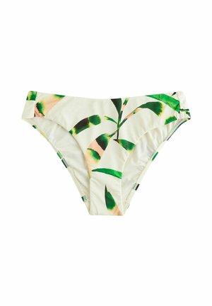 Biele spodné diely bikín s potlačou tropických listov v zelenej a broskyňovej farbe, bezšvové okraje a nízky pás na bielom pozadí.