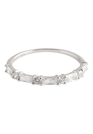 Silver band ring with alternating round and rectangular clear gemstones set along the top half of the band.
