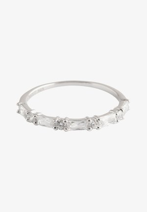 Silver band ring with alternating round and rectangular clear gemstones set along the top half of the band.