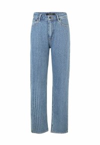 Jeans in denim azzurro chiaro con taglio dritto, caratterizzati da un motivo testurizzato e un cinturino standard con chiusura a bottone.