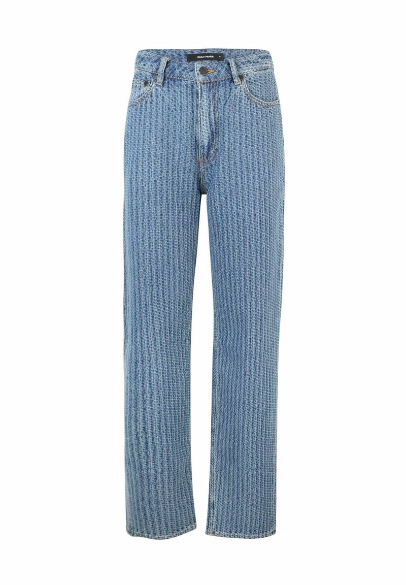 Jeans in denim azzurro chiaro con taglio dritto, caratterizzati da un motivo testurizzato e un cinturino standard con chiusura a bottone.