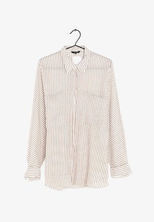 Striped button-up shirt in beige and brown, featuring a collar, two front pockets, and long sleeves with a curved hem. Lightweight fabric.