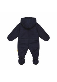 Mono de bebé acolchado en azul marino con capucha, puños elásticos y cubre pies. Textura suave con secciones acolchadas para aislamiento.