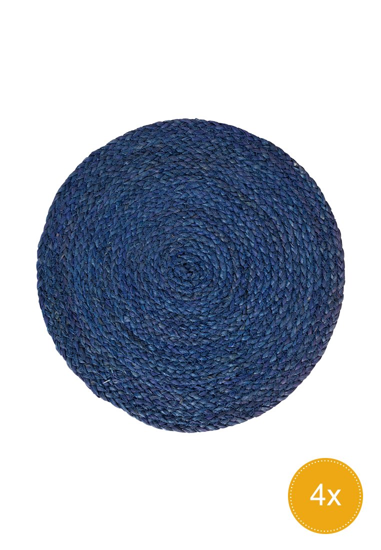 Runder blauer geflochtener Teppich aus gewebten Fasern, mit einer strukturierten Oberfläche und konzentrischem, kreisförmigen Design. Hat eine ungefähre Größe von 4x.