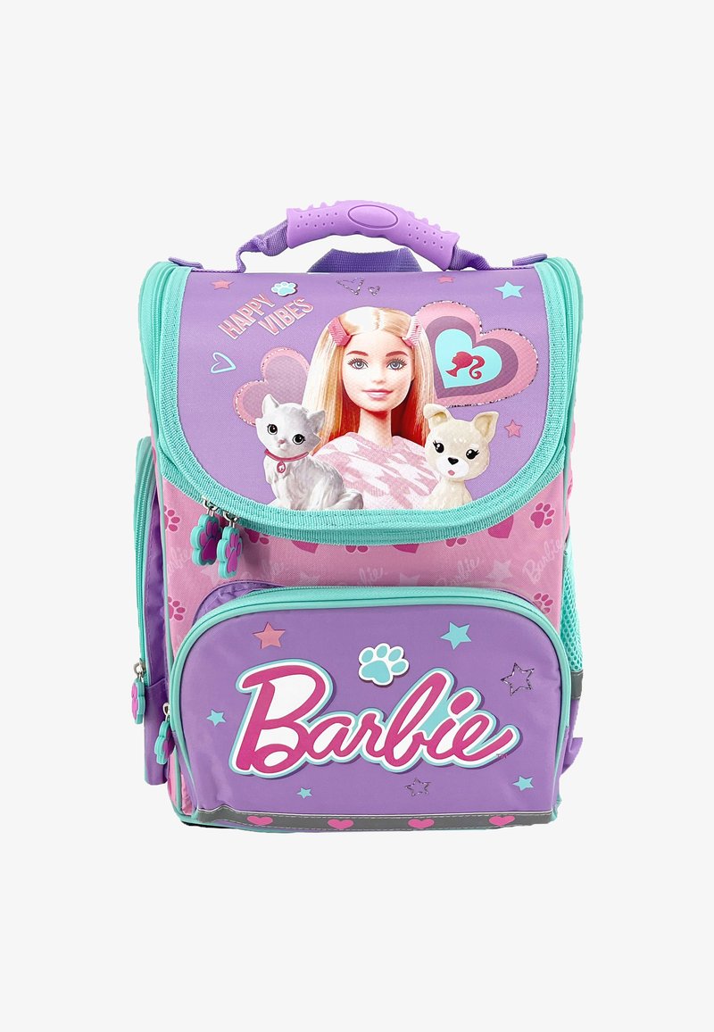 Backpack featuring a purple and pink design with a Barbie graphic, animals, and hearts. Includes a front pocket and textured grip handle.