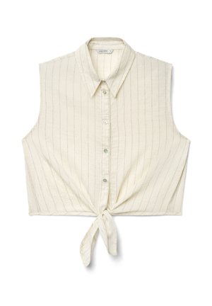 Sleeveless cream crop top with thin vertical stripes, button-down front, collar, and front tie knot at the hem.