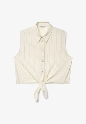 Crop top crème sans manches avec fines rayures verticales, devant boutonné, col et nœud à l'avant à l'ourlet.