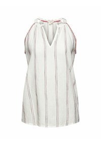 Blouse blanche sans manches avec des rayures verticales rouges et noires cousues et un col en V avec un petit col montant.