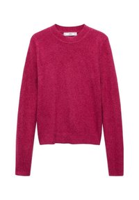 Pull à manches longues à col rond de couleur rose foncé uni, en tissu tricoté doux avec col, poignets et ourlet côtelés.