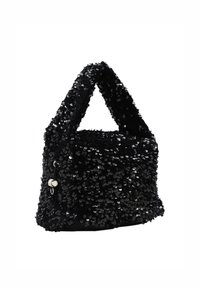 Schwarze Pailletten-Handtasche mit strukturierter Form, abgerundetem Griff und einem seitlichen Verschlussdetail. Glänzende Textur bedeckt die gesamte Oberfläche.