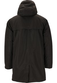 Parka nera con cappuccio, tessuto dalla texture liscia, presenta un design a yoke. Maniche lunghe, taglio dritto, con una parte posteriore ventilata.