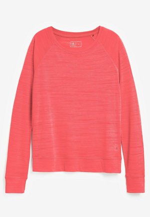 Sweat-shirt corail rose à manches longues avec col rond, texture horizontale subtile et poignets et ourlet côtelés, posé à plat sur fond blanc.