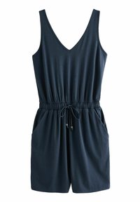 Navyblauwe mouwloze romper met een V-hals, elastische tailleband, verstelbaar trekkoord en twee zijzakken; gemaakt van zachte stof.
