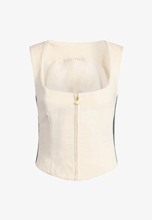 Beige corset-top, jossa on neliön muotoinen pääntie, etuvetoketju ja mustat sivupaneelit. Se on valmistettu sileästä kankaasta ja varustettu kultaisella yksityiskohdalla.