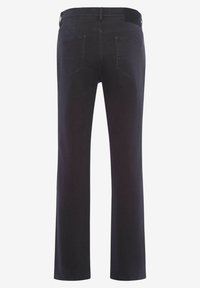 Donkergekleurde denim jeans met een rechte snit, voorzien van vijf zakken, subtiele stikdetails en een zwarte tailleband.