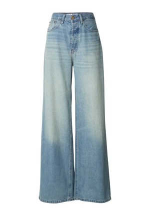 Weit geschnittene Jeans aus Denim in Hellblau mit hoher Taille, Knopfverschluss und einem verwaschenen Look, der dezente Farbnuancen hervorhebt.