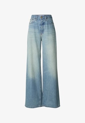 Jeans med vide ben i lyseblå denim, med høj talje, knaplukning og en falmet struktur, der fremhæver subtile nuancer.
