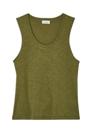 Canottiera verde oliva senza maniche con scollo rotondo e cuciture a vista, realizzata in tessuto leggero leggermente strutturato.