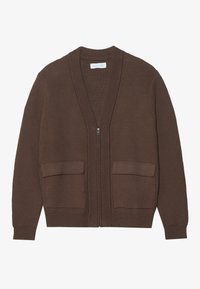 Brauner Strickcardigan mit strukturiertem, offenem Gewebe. Mit einem Reißverschluss und zwei aufgesetzten Taschen auf der Vorderseite. Reguläre Passform mit geripptem Kragen und Bündchen.