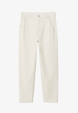 Pantalon en velours côtelé écru avec jambe droite, fermeture devant par bouton et zip, et poches de chaque côté.