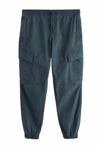 Cargo-Hosen aus dunkelblauem Stoff mit elastischem Bund und verstellbarem Kordelzug. Mit seitlichen und vorderen Utility-Taschen, tailliertem Bein-Design.