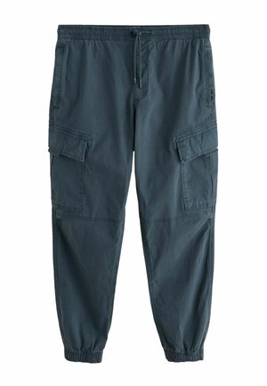 Cargo-Hosen aus dunkelblauem Stoff mit elastischem Bund und verstellbarem Kordelzug. Mit seitlichen und vorderen Utility-Taschen, tailliertem Bein-Design.