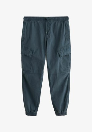 Cargo-Hosen aus dunkelblauem Stoff mit elastischem Bund und verstellbarem Kordelzug. Mit seitlichen und vorderen Utility-Taschen, tailliertem Bein-Design.