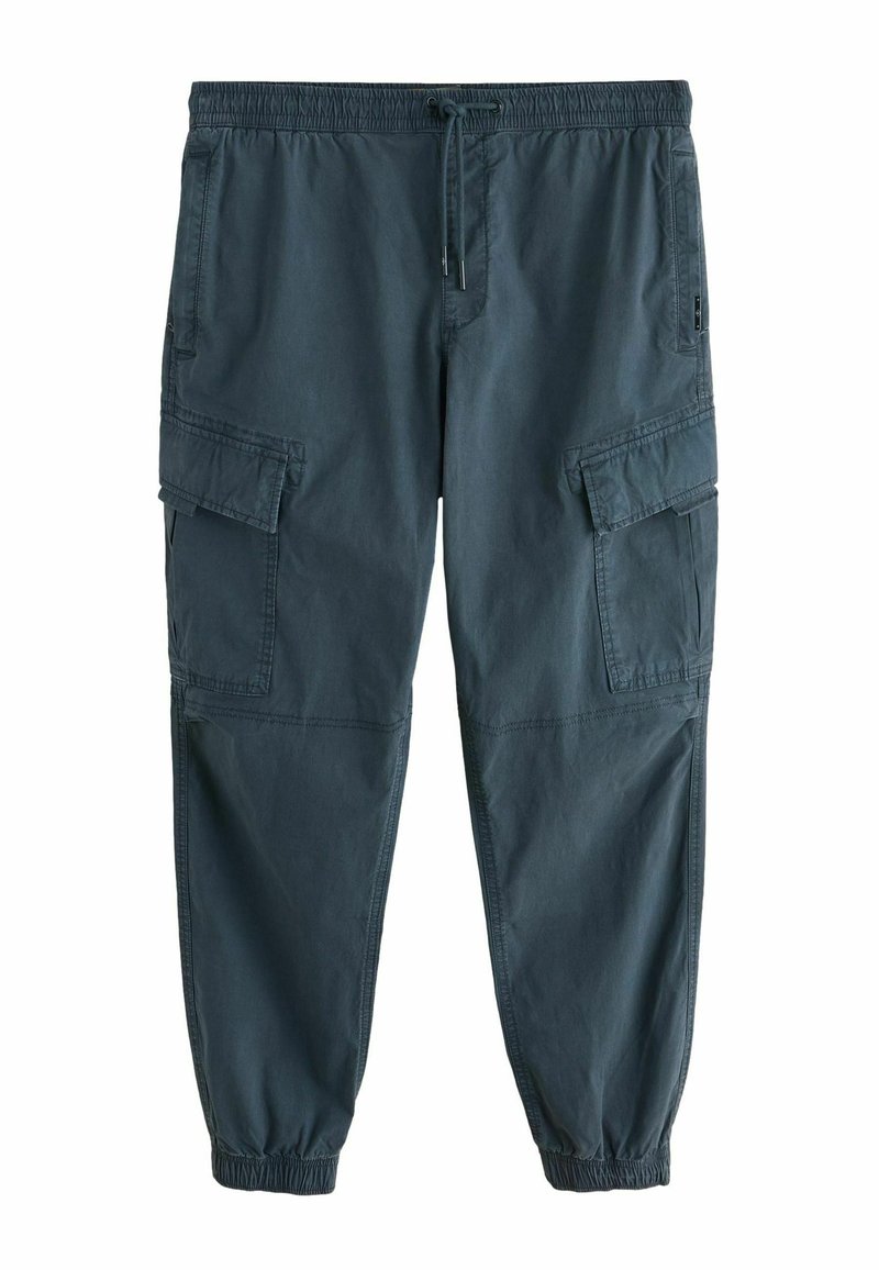 Cargo-Hosen aus dunkelblauem Stoff mit elastischem Bund und verstellbarem Kordelzug. Mit seitlichen und vorderen Utility-Taschen, tailliertem Bein-Design.