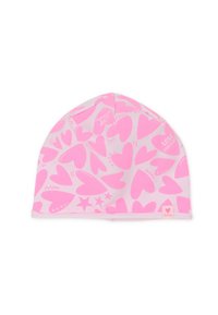Berretto rosa in tessuto morbido con un motivo ripetuto di cuori e stelle. Ha un orlo piegato e una piccola etichetta con il logo sul lato.
