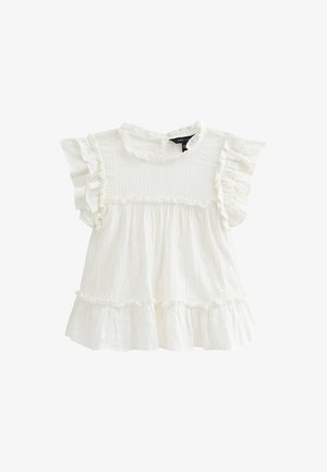 Top in cotone bianco con maniche arricciate, corpino arricciato, orlo a strati e un sottile motivo testurizzato. Scollo rotondo, design casual.