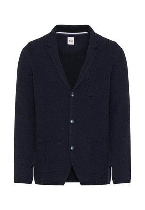 Marineblauer, strukturierter Strickblazer mit drei Knöpfen, Revers mit Kerbe, Brusttasche und zwei aufgesetzten Fronttaschen.