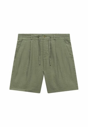 Groene linnen shorts met een tailleband met trekkoord, enkele knoopsluiting en twee zijzakken. Eenvoudig ontwerp met een gladde textuur.