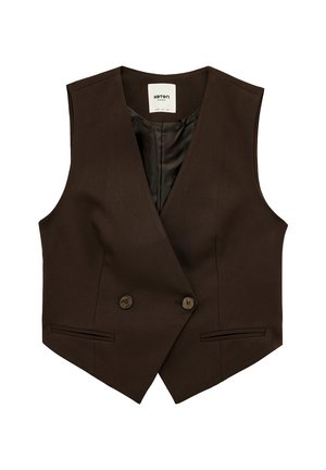 Brun ærmeløs skræddersyet vest med dobbelte knapper, to forlommer med kantsyning og en glat inderforing.